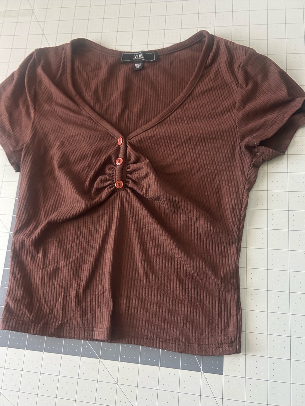 Vibe Chocolate Brown Ribbed Short Sleeve Crop Top with Front Buttons